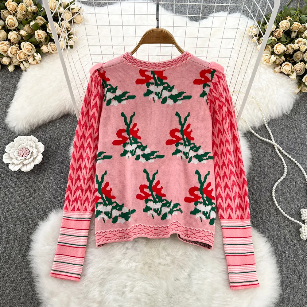 2024 Harajuku Diamonds Beaded Cat Bow Embroidery Sweater Women\'s Ruffles Flower Jacquard Cartoon Pullover Jumper Crop Tops