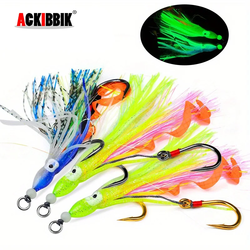 

Ackibbik Octopus Jigging Fishing Lures Squid Soft Bait Luminous Silicone Trolling Lures with Assist Hooks Skirt Squid Hook