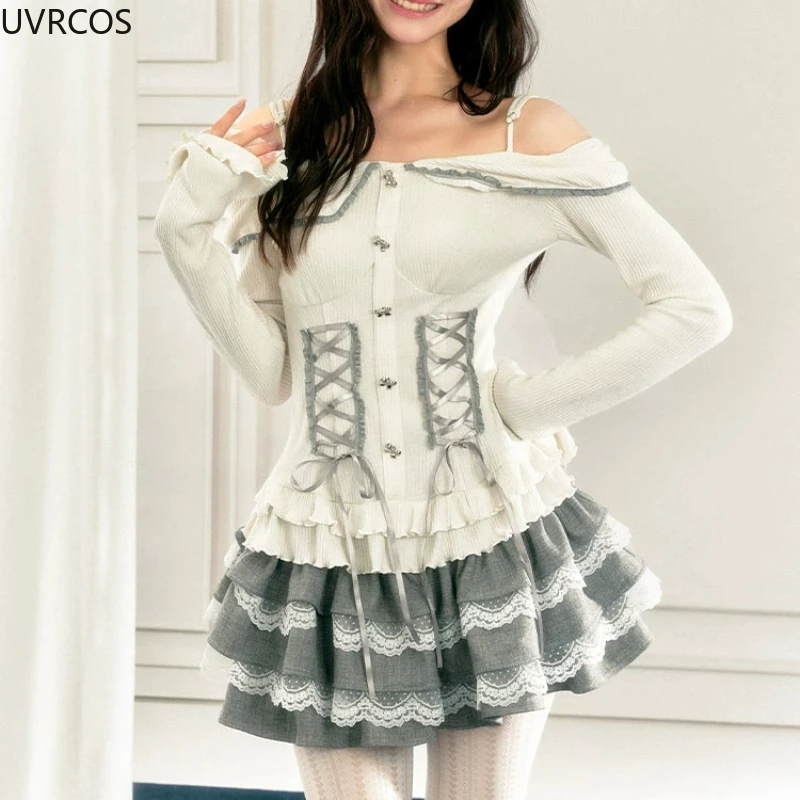 Koreaanse Zoete Lolita 2-delige sets Vrouwen Sexy Off Schouder Bandage Top Kant Patchwork Cake Minirok Vrouwelijke Y2k Mode Slanke Pak