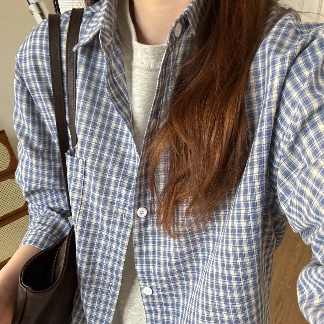 Summer New Plaid Long Sleeve Shirt Women's Lazy Style Loose Feeling Top Sun Protection Button up Cardigan Regular Fit