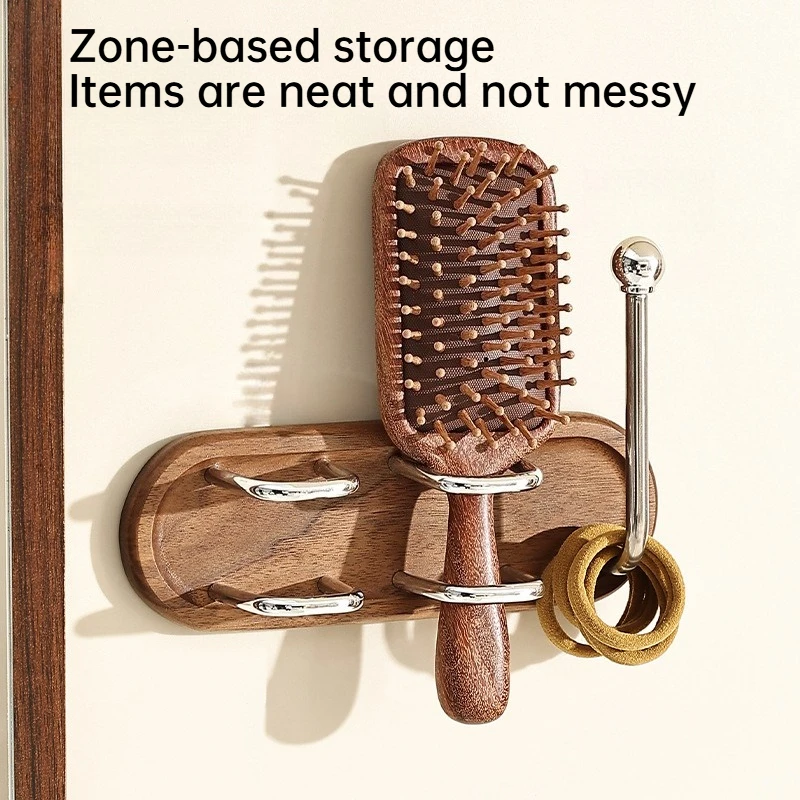Wooden Comb Hair Tie Storage Rack No Drill Wall Mounted Adhesive Hook Bathroom Organizer for Scrunchie Home Bathroom Accessory