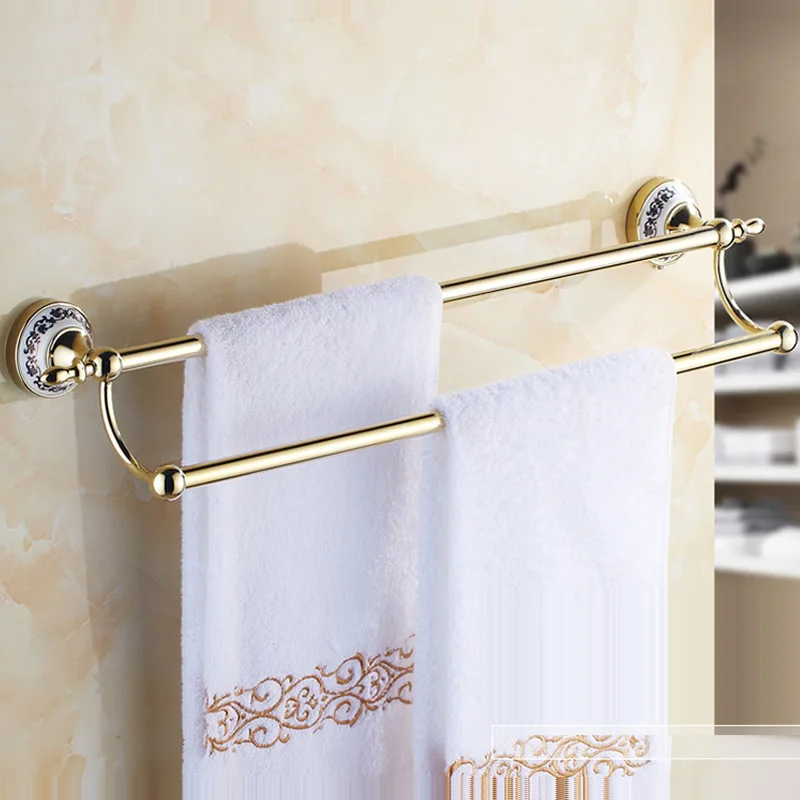 Gold Double Towel Bar, Stainless Steel Wall Mounted Bathroom Towel Hanger Rod, 2 Rail Bathroom Shelf Storage Organizer