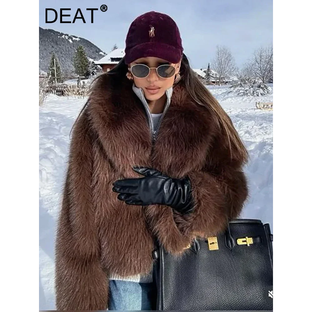 

2025 Winter New Women's Fashion Brown Faux Fur Coat Ladies Lapel Loose Long Sleeve Thick Plush Warm Short Jackets