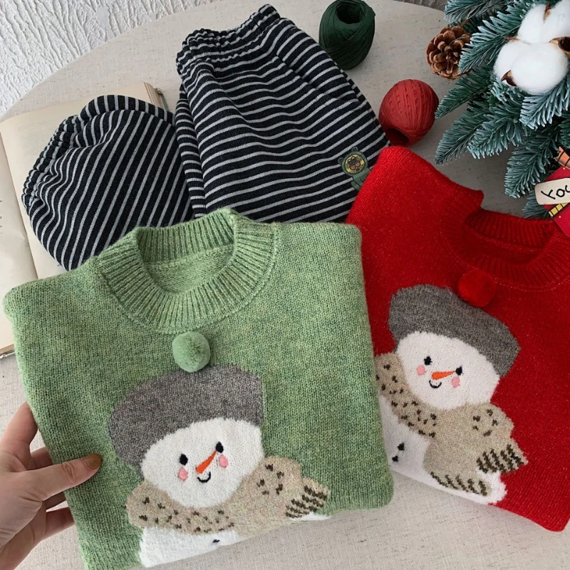 

2025 Winter New Children's Christmas Cute Snowman Pattern Thickened Warm Round Neck Sweater