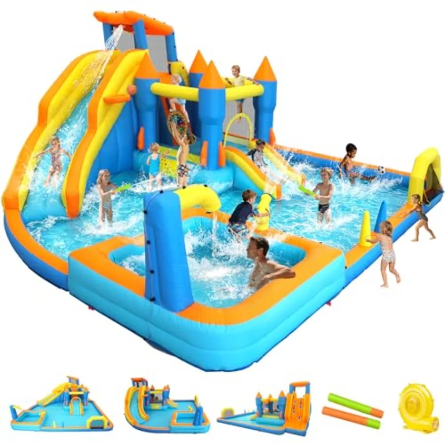 

Inflatable Water Slide Park, 12-in-1 Water Bounce House with Big Splash Pool Deep Pool, Basketball, Ring Toss, Target Game - 19
