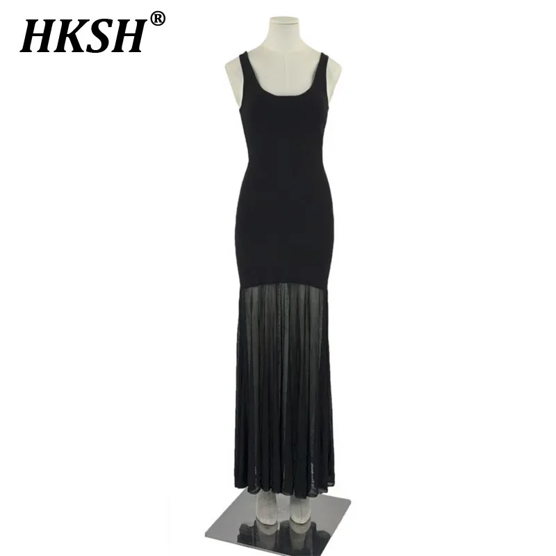 HKSH 2025 ฤดูใบไม้ผลิใหม่ผู้หญิง Dark Slim ตาข่ายฤดูร้อน High-end อารมณ์สง่างาม SLIM FIT Fishtail กระโปรงยาว Y2K INS HK3858