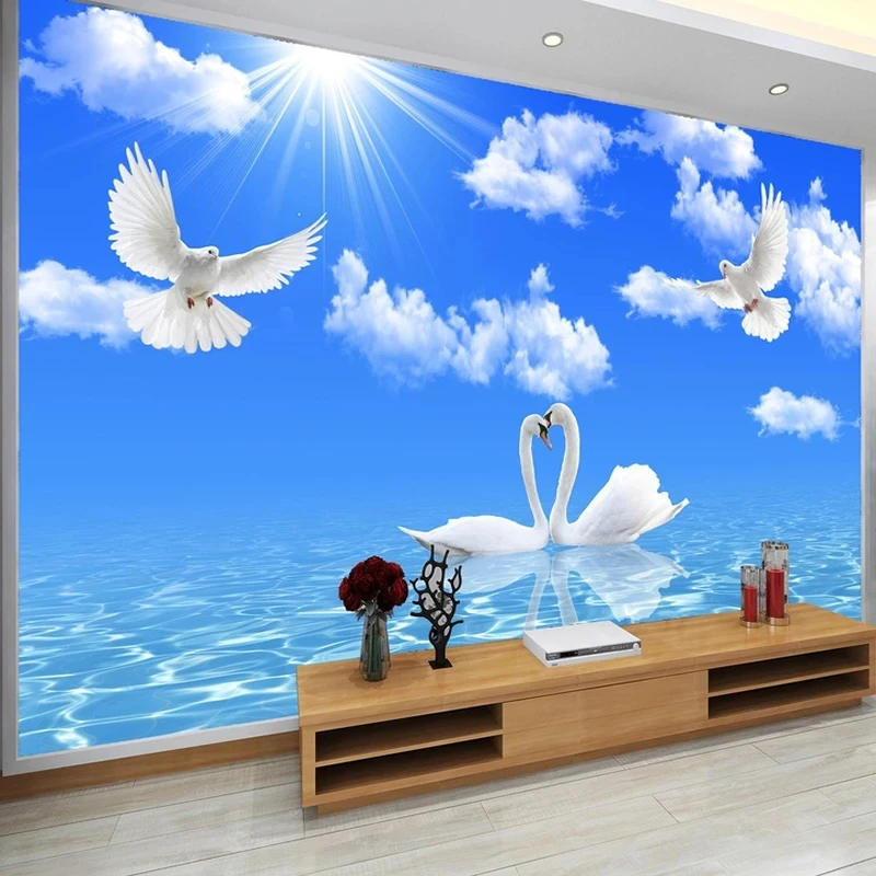 Custom Blue Sky White Clouds Wallpaper 3D White Swan River Mural Bedroom Theme Hotel Living room TV background wall restaurant