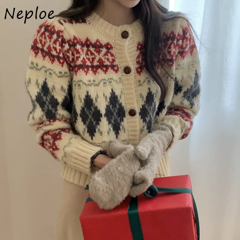 Neploe Korean Chic Vintgae Contrasting Diamond Patterned Jacquard Knitted Cardigan 2024 Autumn Winter Soft Sticky Sweater Coats