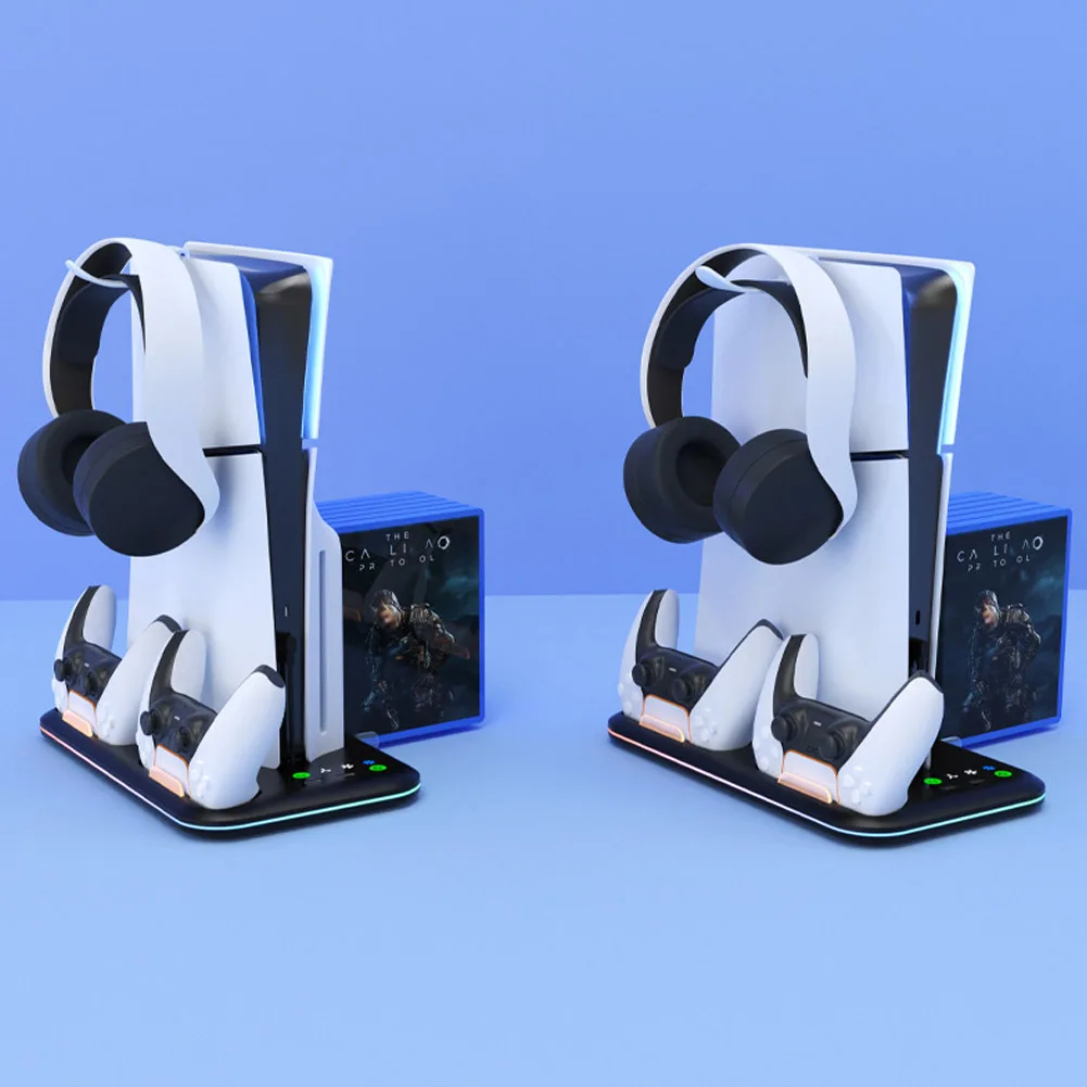 PS5 Slim Console Cooling Stand, Controlador, Suporte de carregamento com fone de ouvido, Gancho Fan, Luzes W/ RGB, Disco e Digital