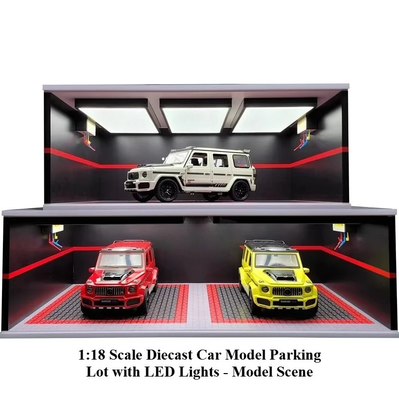 1:18 Scale RC Toy Car Parking Lot with LED Lights Model Scene Transparent Acrylic Door Dustproof Display Box Storage Cabinet