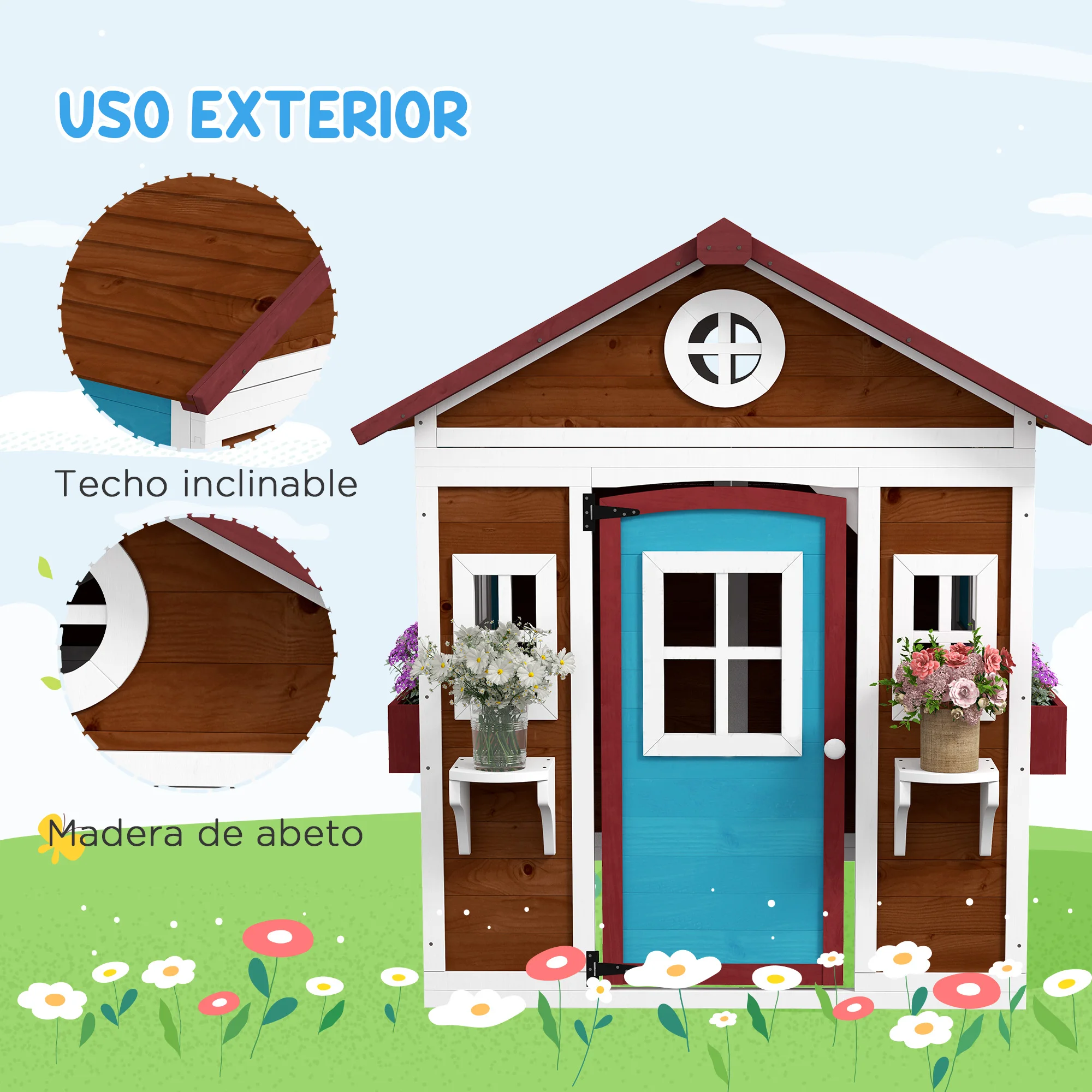 Casita Infantil De Madera AIYAPLAY Para Exterior E Interior, Con 2 Maceteros, 3 Ventanas Y Media Puerta, Para Niños De 3 A 8 Años, Color Marrón