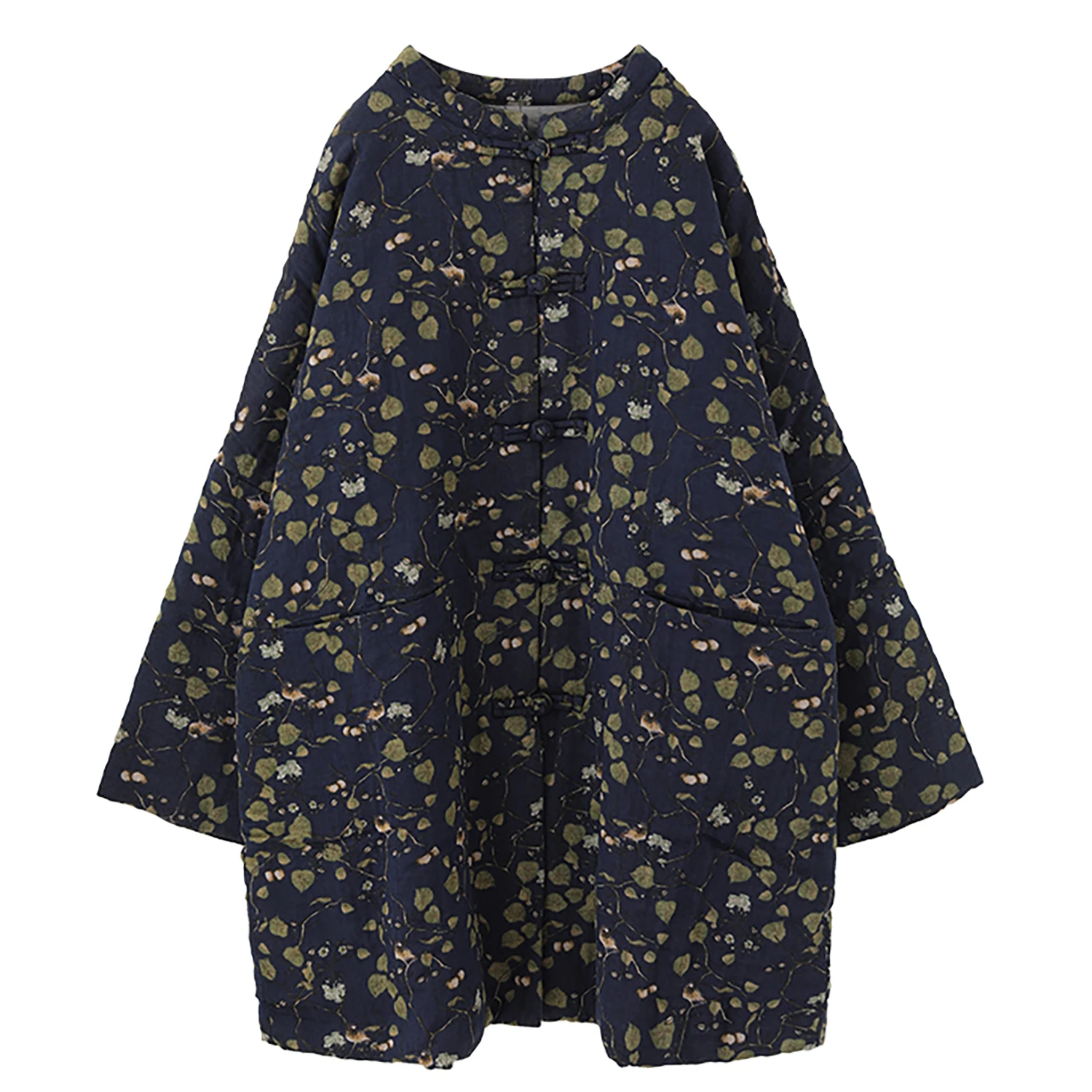 Kurtka zimowa LZJN, midi, w kwiaty, ocieplana bawełną – nowa, w stylu chińskim, ciepła, luźna, ze stójką, zapinana na guziki typu frog, postarzana.