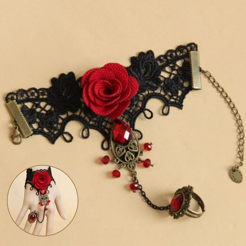 Halloween Women Rose Bracelets Steampunk Gothic Style Lace Bracelet Vampire Black Cosplay Costume Prop Ladies Bangles Jewelry