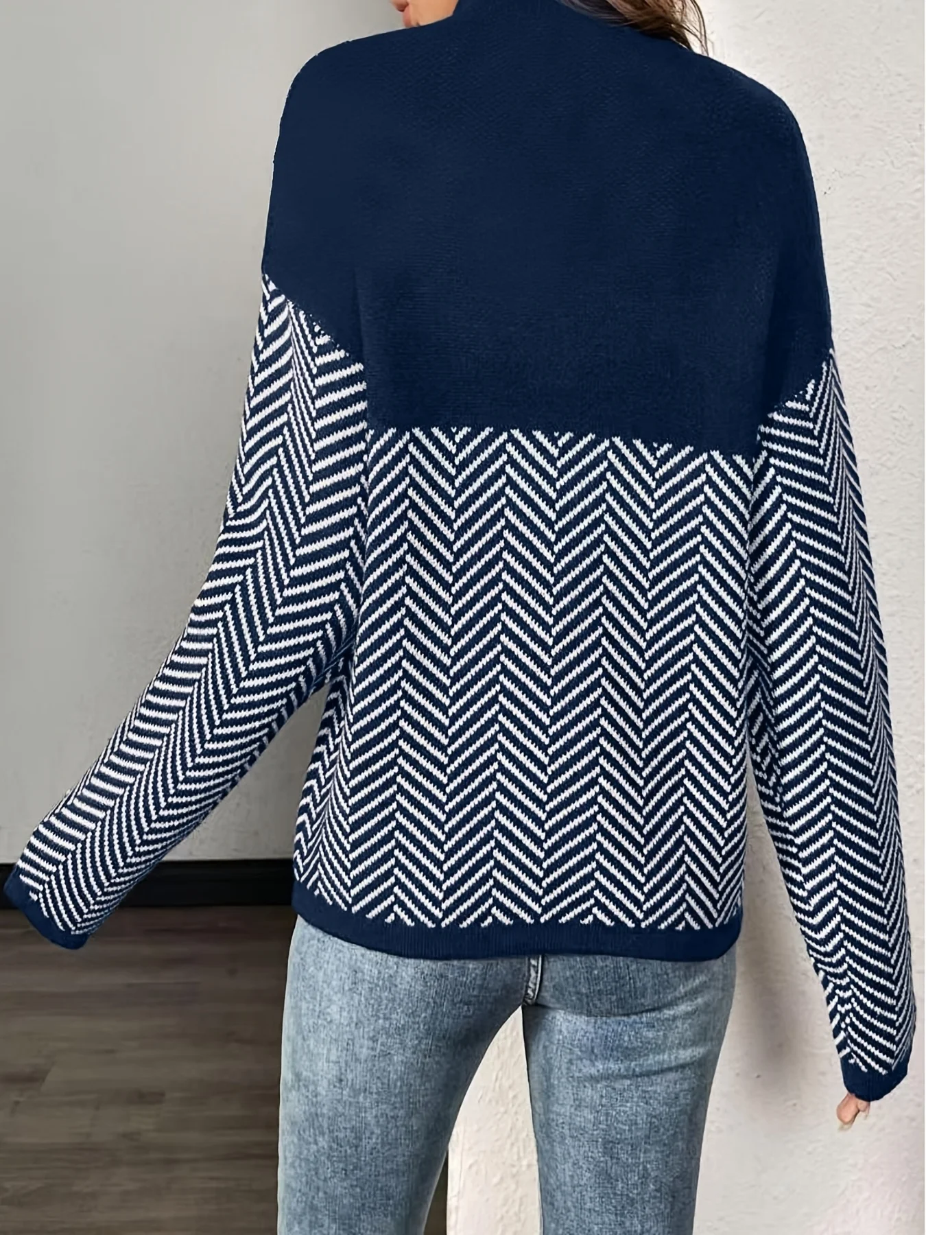 Plus Size Women High Neck Chevron Color Block Loose Knit Sweater Long Sleeve Autumn Winter Casual Pullover Tops