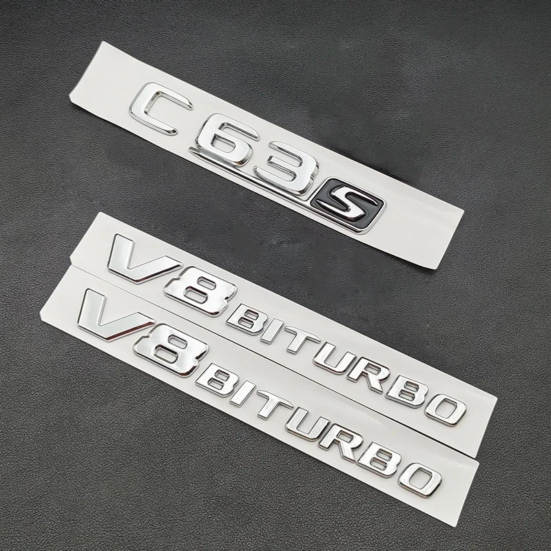 3D ABS Chrome C63S Logo Letters Decal V8 BITURBO Badge Car Trunk Emblem Sticker For Mercedes Benz AMG W205 C205 Auto Accessories