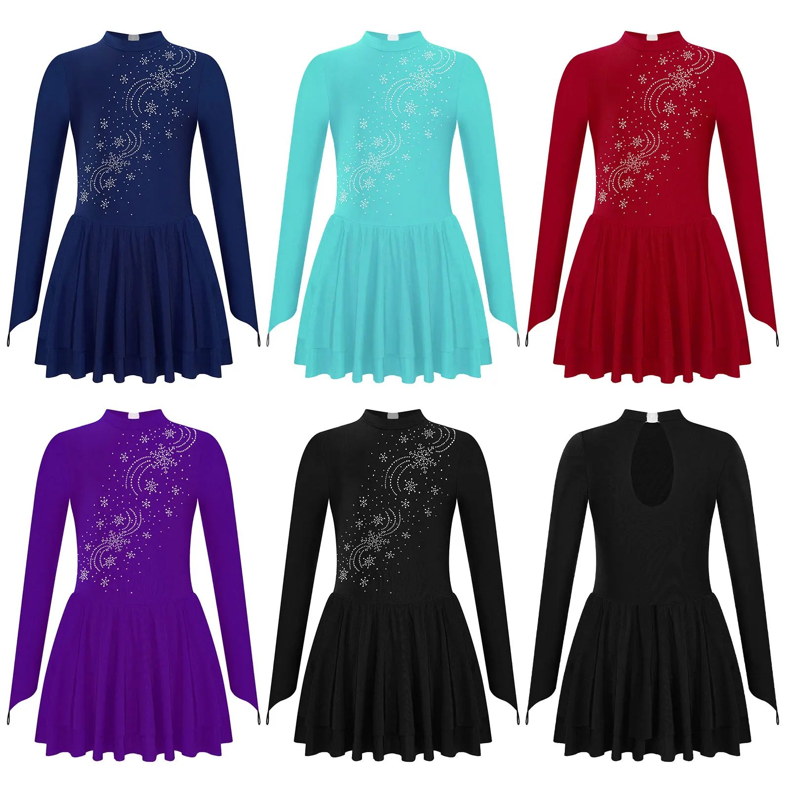 Kids Girls Ballet Dance Dress Shiny Beaded Long Sleeve Leotard Dress Dancewear Gymnastics Figure Skating Performance Costume