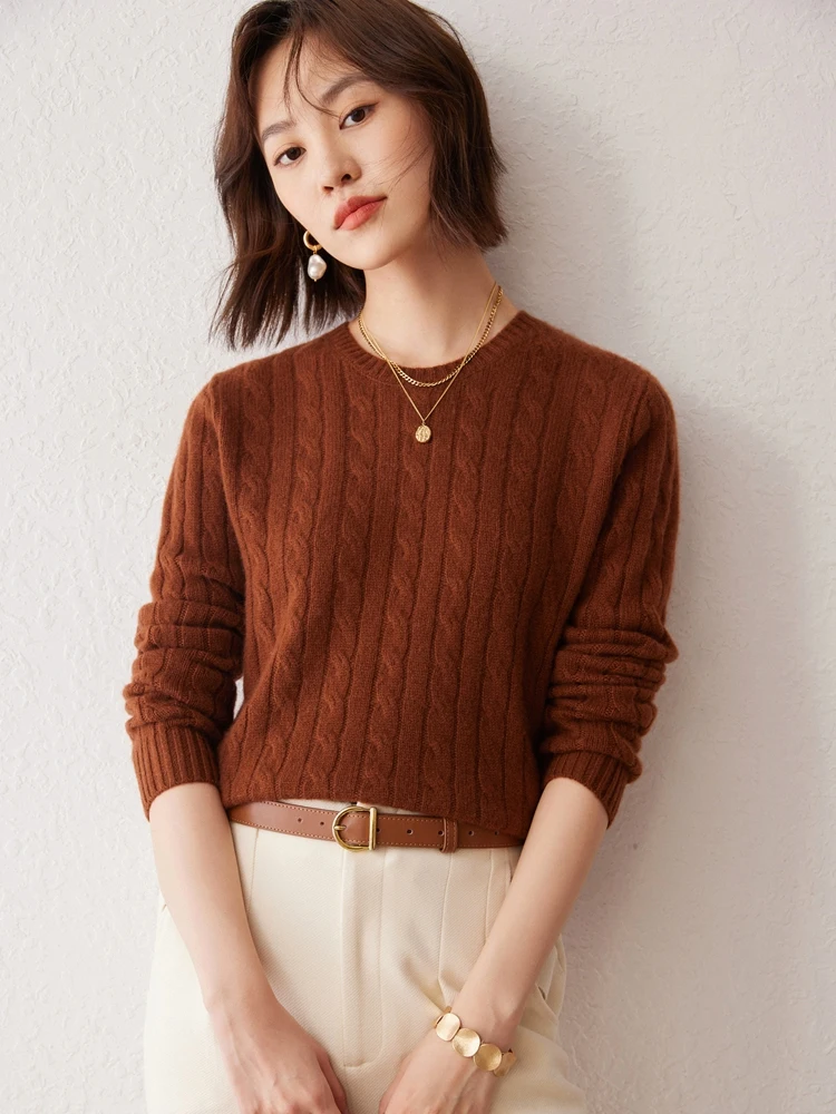 

CHICUU Women 100% Cashmere Sweater O-neck Pullover Cable Knitting Vintage Preppy Style Cashmere Knitwear Autumn Winter Clothing