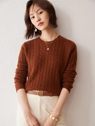 CHICUU Women 100% Cashmere Sweater O-neck Pullover Cable Knitting Vintage Preppy Style Cashmere Knitwear Autumn Winter Clothing
