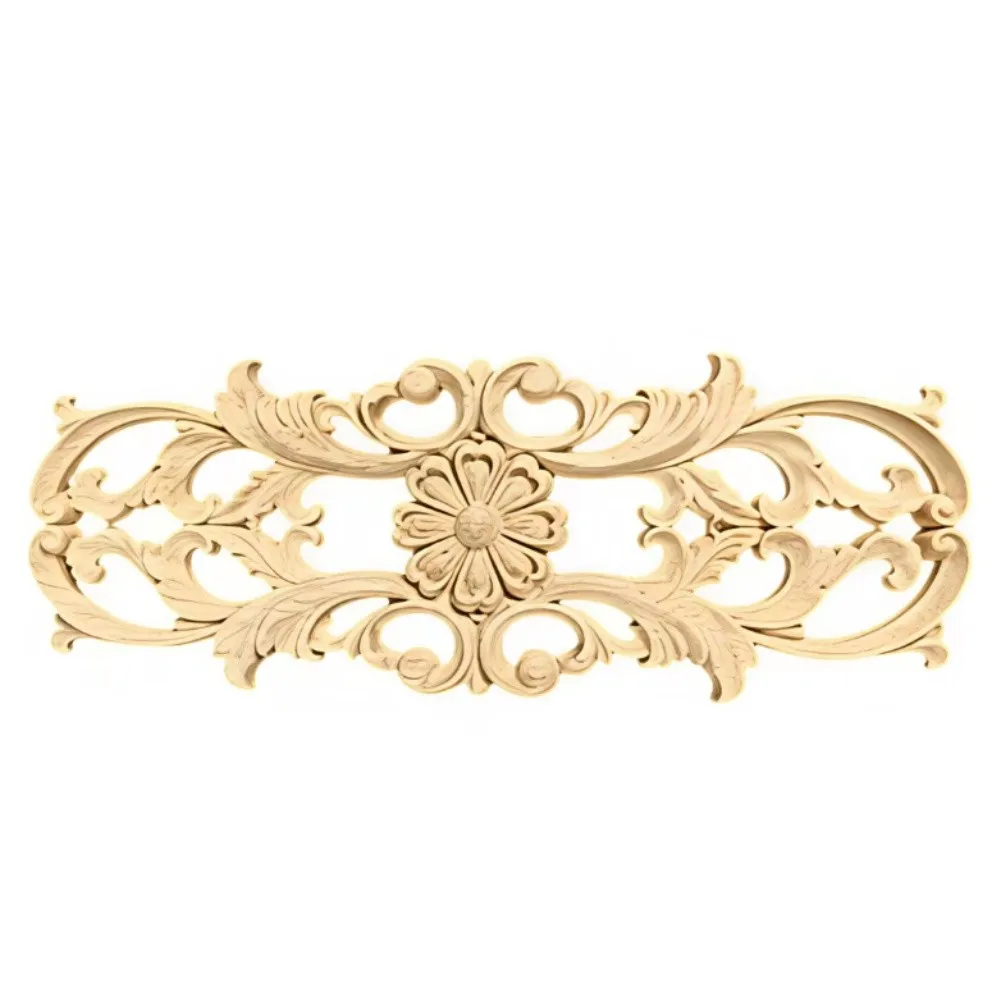 Wood Carved Long Applique European Flower Pattern Hollowed Frame Corner Unpainted Furniture Home Decor