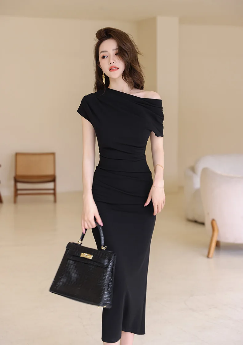 

Elegant Women Wedding Party Black Dress Fashion Vintage Diagonal Collar Sheath Robe Female Sundress Retro Evening Dress Vestido