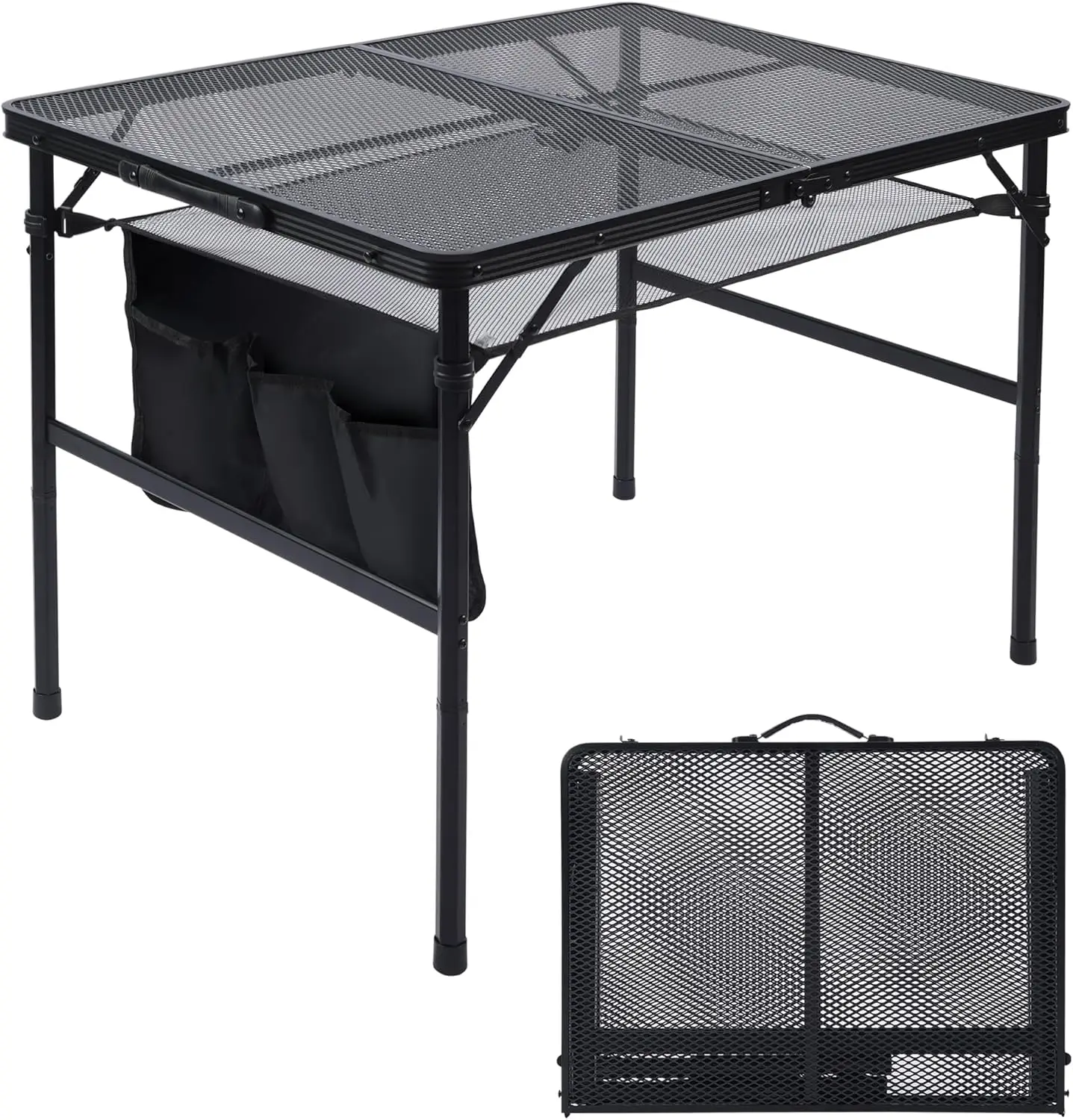 

Folding Grill Table, 3x2 FT Portable Camping Table, Height Adjustable Metal Table with Mesh Desktop and Storage Bag for Outdoor