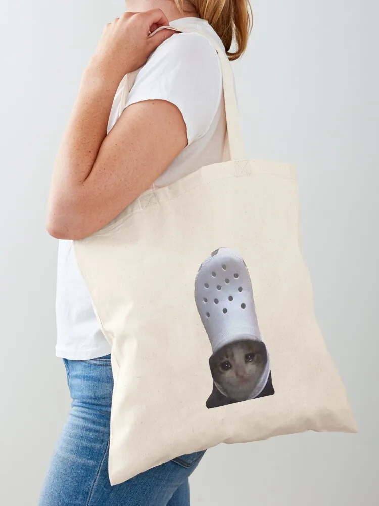 

sad cat with crock hat Tote Bag ecological bags Big bag women custom fabric bag shopping