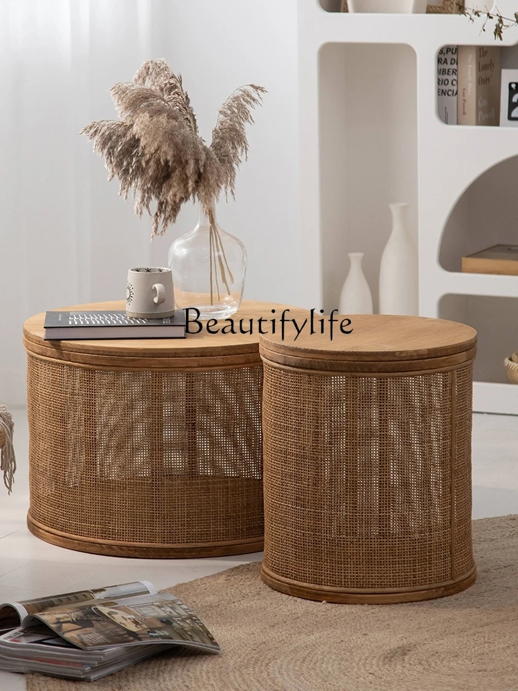 Chinese Cylindrical Solid Wood Rattan Tea Table Living Room Tatami Small Tea Table