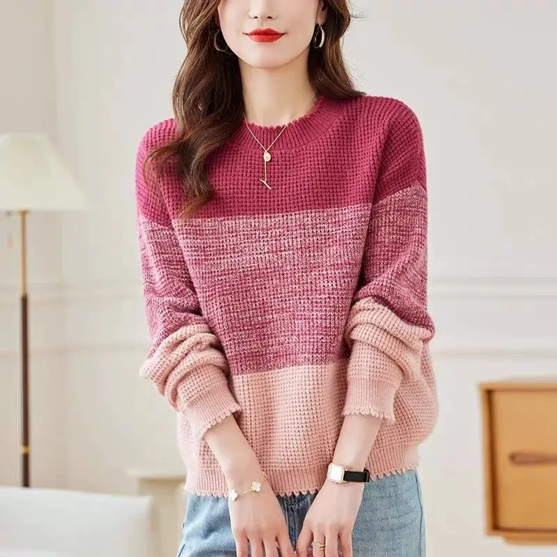 Autumn Winter New Fashion Round Neck Long Sleeve Color Blocking Pullovers Women's Clothing Casual All-match Korean Knitting Tops