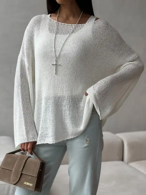 

2023 весенний новый вязаный полый топ, универсальный повседневный свитер, простой однотонный свитер с длинными рукавами