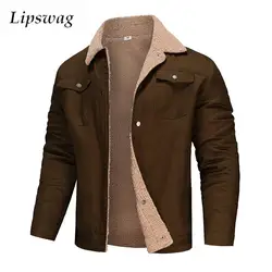 Vintage Turn-down Collar Button-up Jackets Men Fall Winter Warm Wool Lining Coats For Mens Long Sleeve Solid Color Jacket Coat