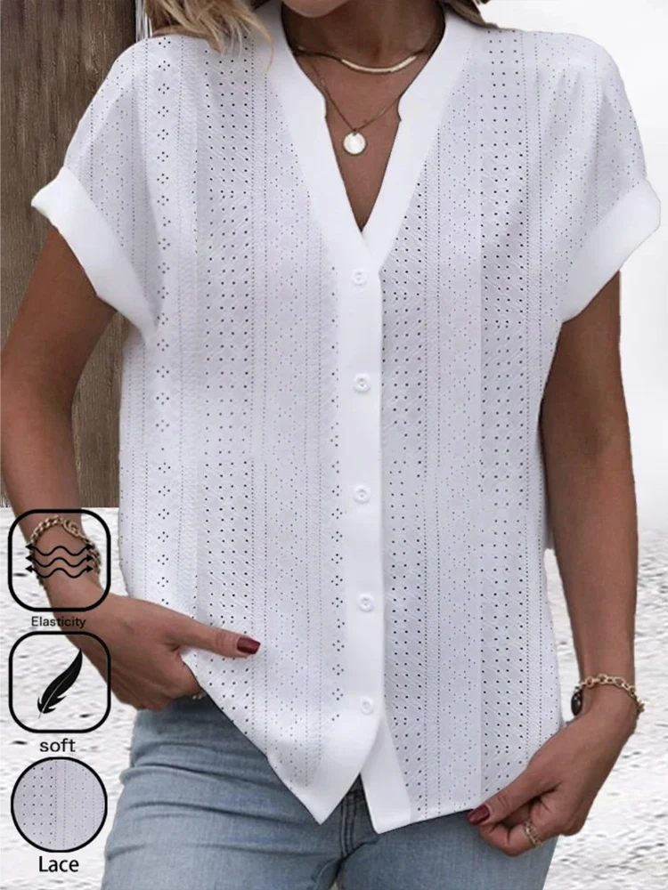 Cropped Shirt White Lace Blouse Eyelet Cut Embroidery Top Wear Hollow Out Women\'s Summer Clothing