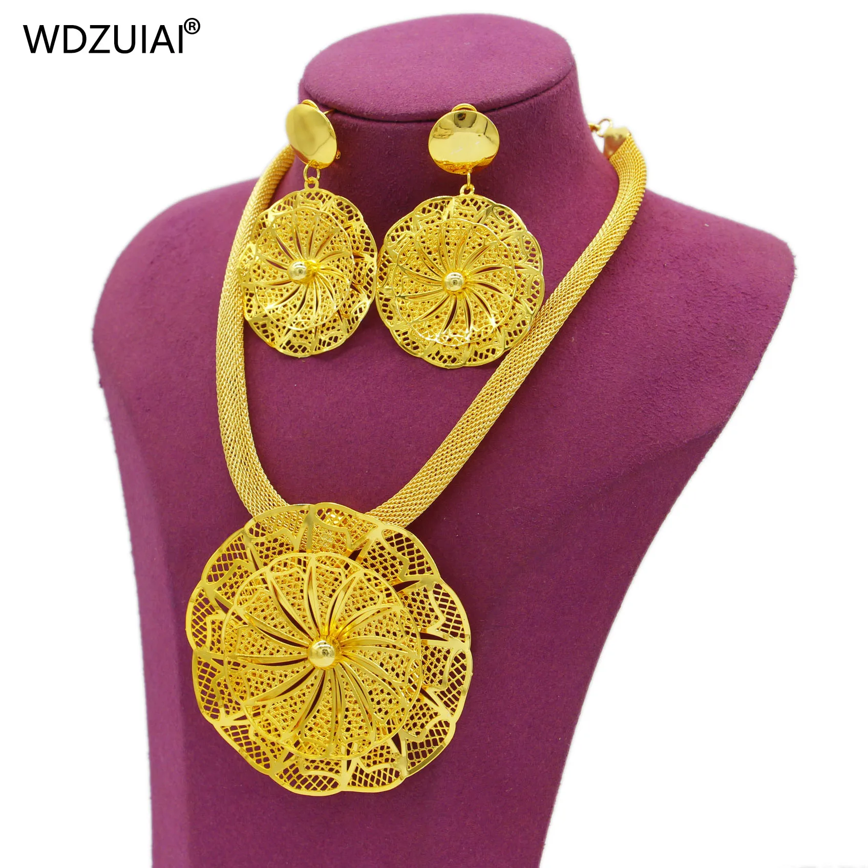 WDZUIAI Double-deck Pendent Necklace&Earrings Dubai Gold Color African French Women Wedding Charm Jewelry Marriage Proposal Gift