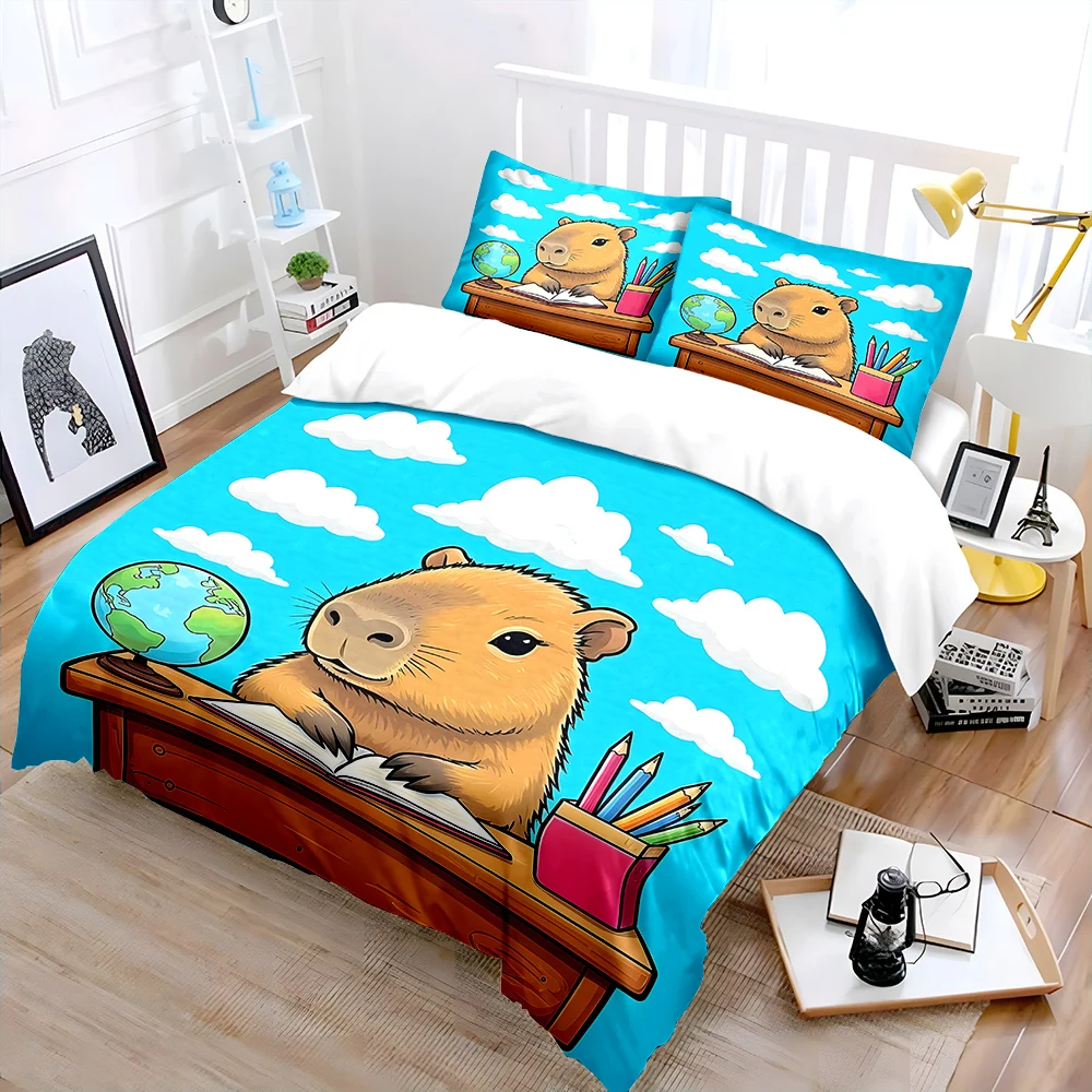 Cute Capybara at study desk Print Bedding Set 1 Duvet Cover 2 Pillowcases for Adult and Children Luxury Gift Full Size