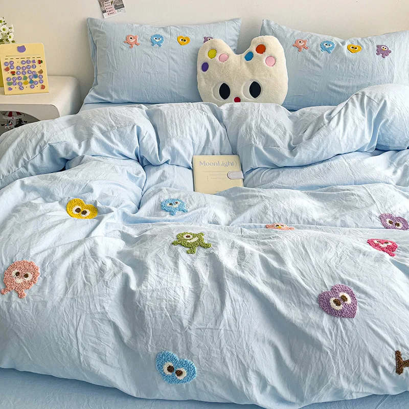 

3pcs Kawaii Little Solid Color Monster Bedding Set Korean Washed Cotton Pillowcase Twin Full Duvet Cover No Filling Home Decora