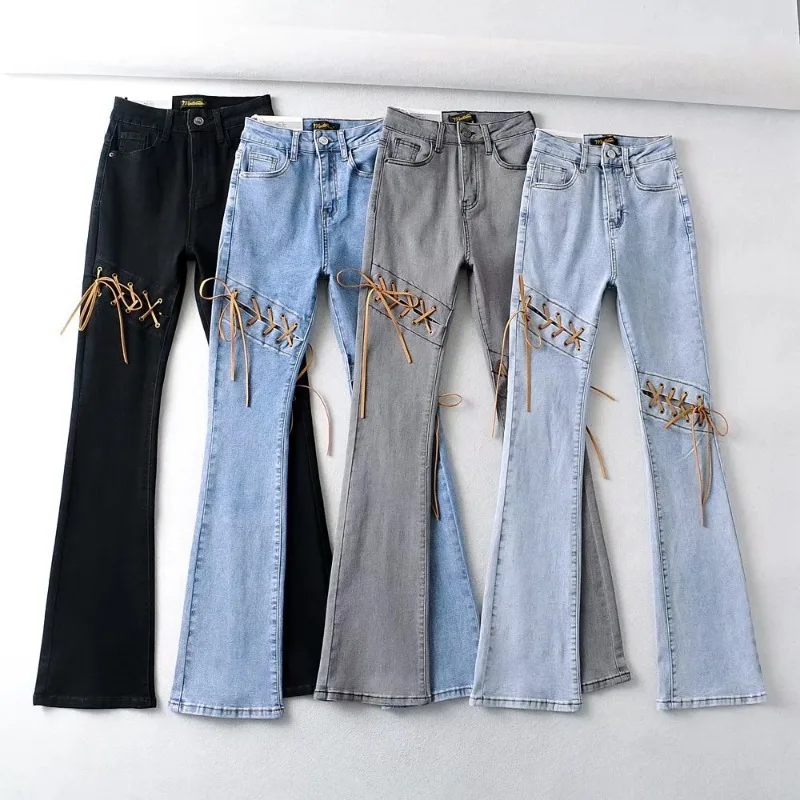 C5528 New Summer Personalized Knee Strap Women\'s Jeans Lady Flared Trousers Denim Pants