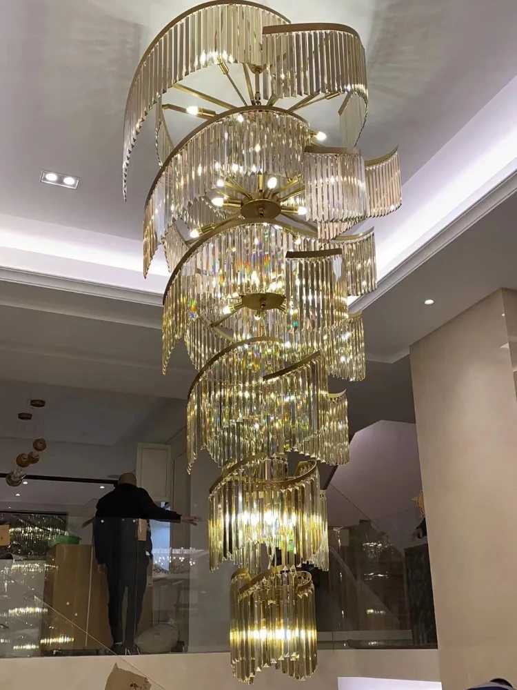 2025년형 고급 맞춤형 대형 샹들리에 펜던트 조명, 계단용 K9 크리스탈 러스터 천장 조명 (밝기 조절 가능)