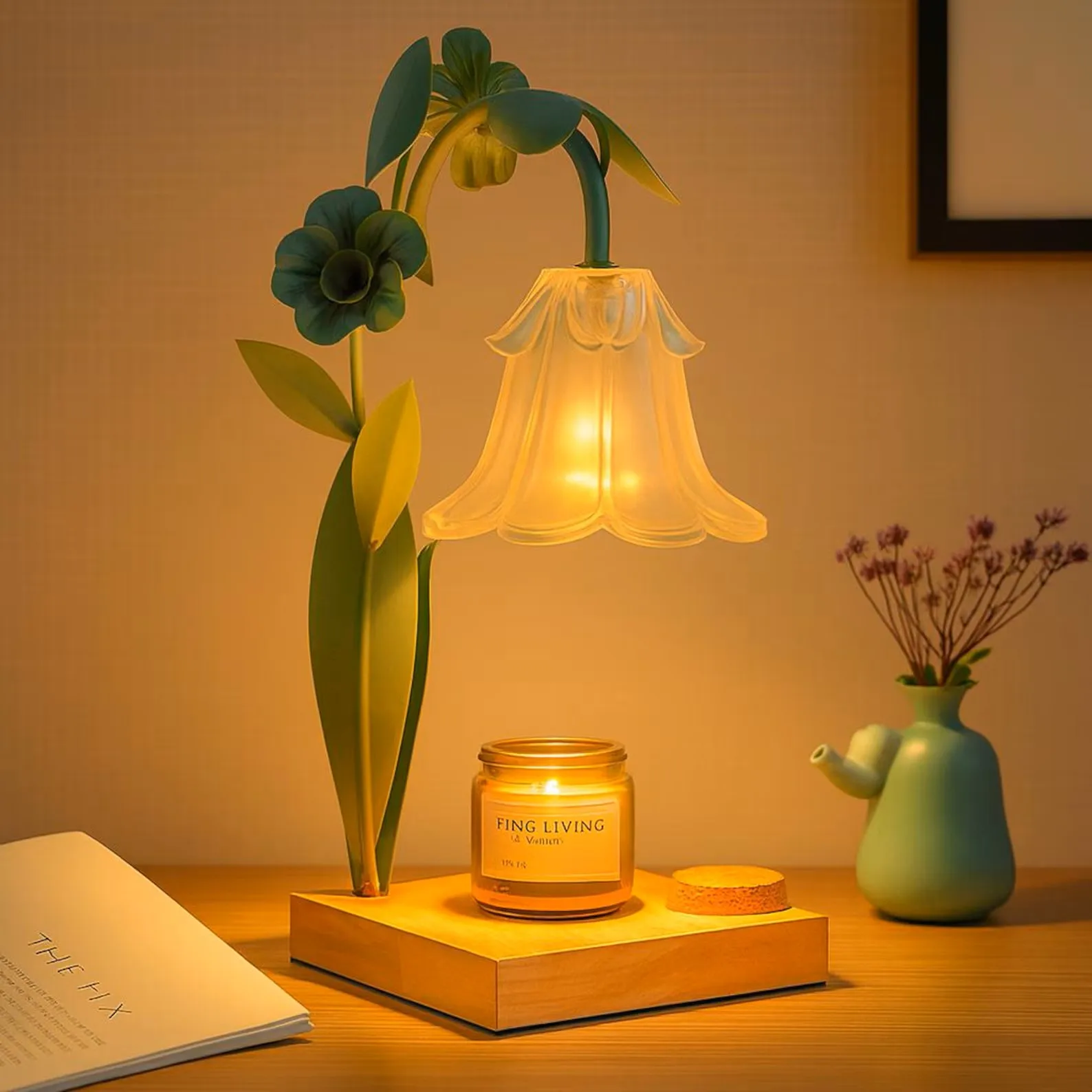 Lámpara calentadora de velas de flores vintage, temporizador de altura ajustable, luz nocturna, lámpara de mesa para dormitorio