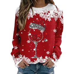 Snowflake Print Christmas Sweatshirt Round Neck Long Sleeve Xmas Women Pullovers Top Wine Glass Sweatshirt Hoodies