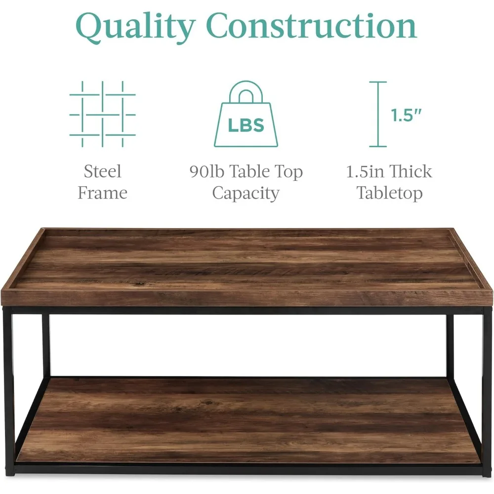 Mesa de café retangular embutida, armação de metal e prateleiras, móveis de decoração, 44 ", 2 níveis