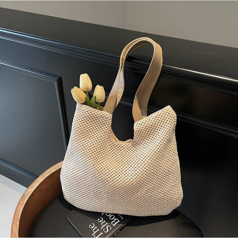 

Simple Square Weave Straw Tote Bag Bohemian Style Large Capacity Beach Bag Magnetic Buckle Handbag Raffia Shoulder Bag Travel