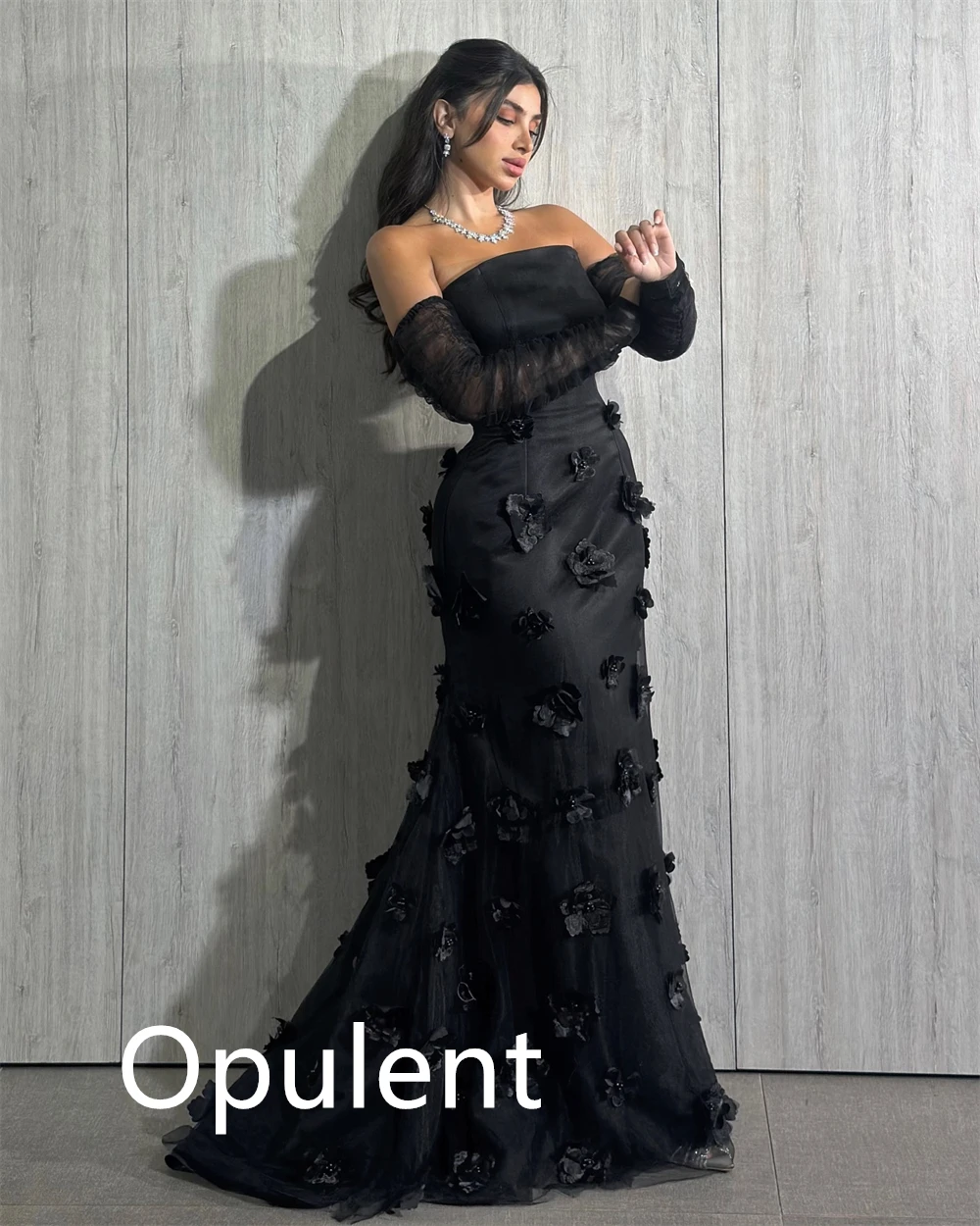 Personalizado requintado preto jérsei vestido de noite clássico sem alças manga destacável mangas compridas flores sob medida ocasiones