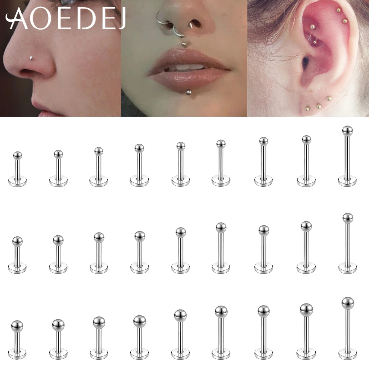 AOEDEJ 1 Piece 16G/18G Stainless Steel Internal Thread Screw Labret Lip Stud 2/3/4MM Round Ball Helix Cartilage Earring Jewelry