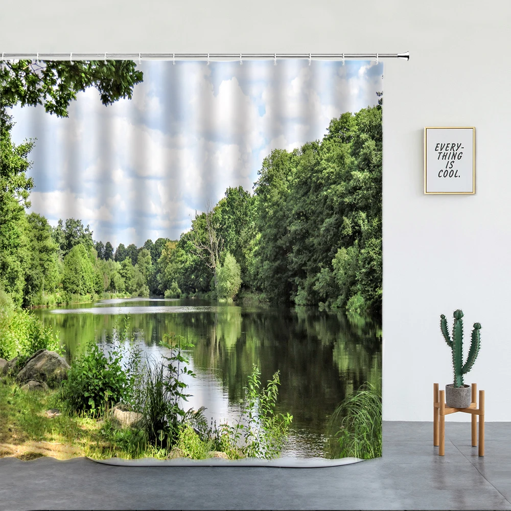 Rural Nature Landscape Shower Curtain Forest Lake Spring Park Flowers Bath Curtains Waterproof Fabric Bathroom Bathtub Decor Set