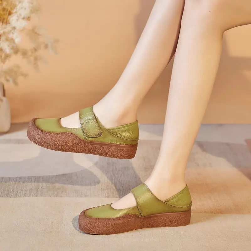 Green Mary Jane Ballet Shoes Women\'s Designer Luxury Flats Ladies Real Leather Nurse Loafer Woman Square Driving Shoes Flattie