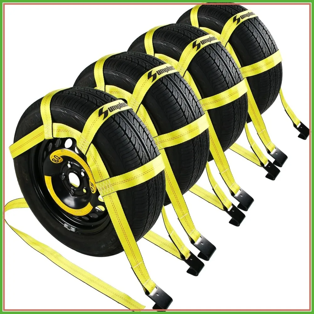 

Heavy Duty Tow Straps for Car Trailer, 4 Pack with Flat Hooks, 14"-19", UTV Wheel Tie Down, Rescue Emergency Kit