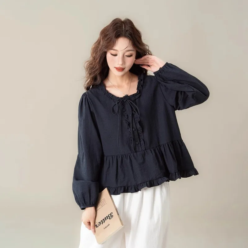 Women's Ruffle Hem Patchwork Blouse Loose Fit Vintage Long Sleeve Shirt Casual Top