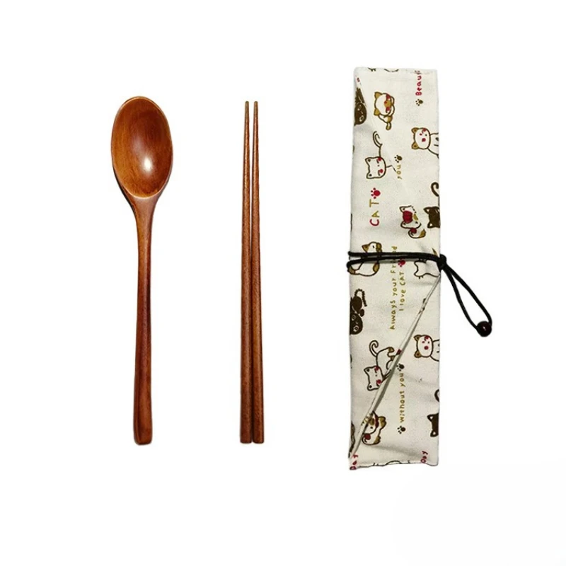 Portable Wooden Spoon and Chopsticks Set, Retro Natural Wood Tableware Kit with Cartoon Storage Pouch for Travel Camping Picnic