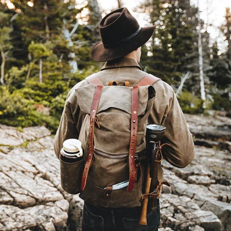 Retro oil wax waterproof rucksack cowhide backpack outdoor hiking bag men's large-capacity school bag