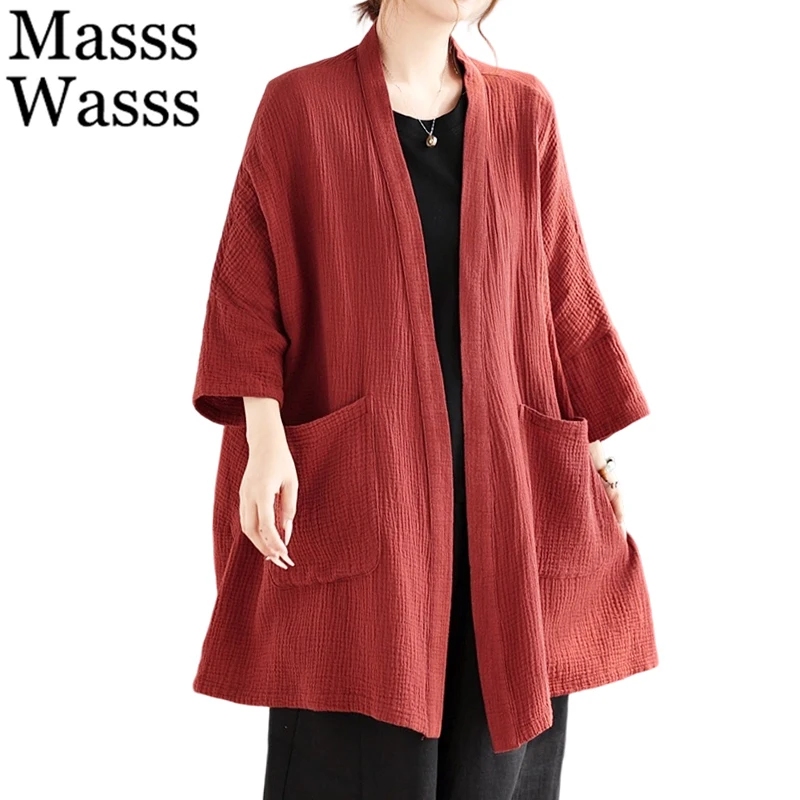 

Masss Wasss Japanese Summer Womens Big Size Linen Trench Loose Casual Long Coats Ladies Classic Vintage Loose Solid Windbreakers