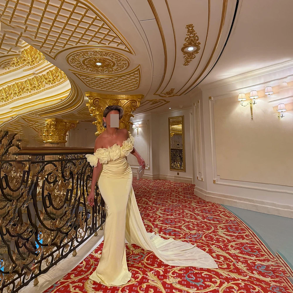 Abiti da ballo gialli senza spalline senza maniche abito da sera arabo fiore sirena mantello abito da festa di gala abiti da soirée personalizzati